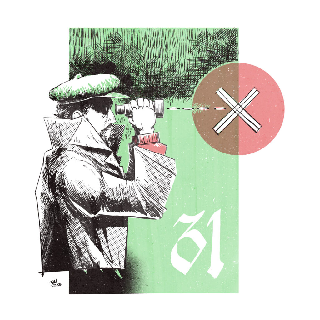 A man in a cap looks through binoculars with his eye on a target. Signifying his intent on completing Inktober.
